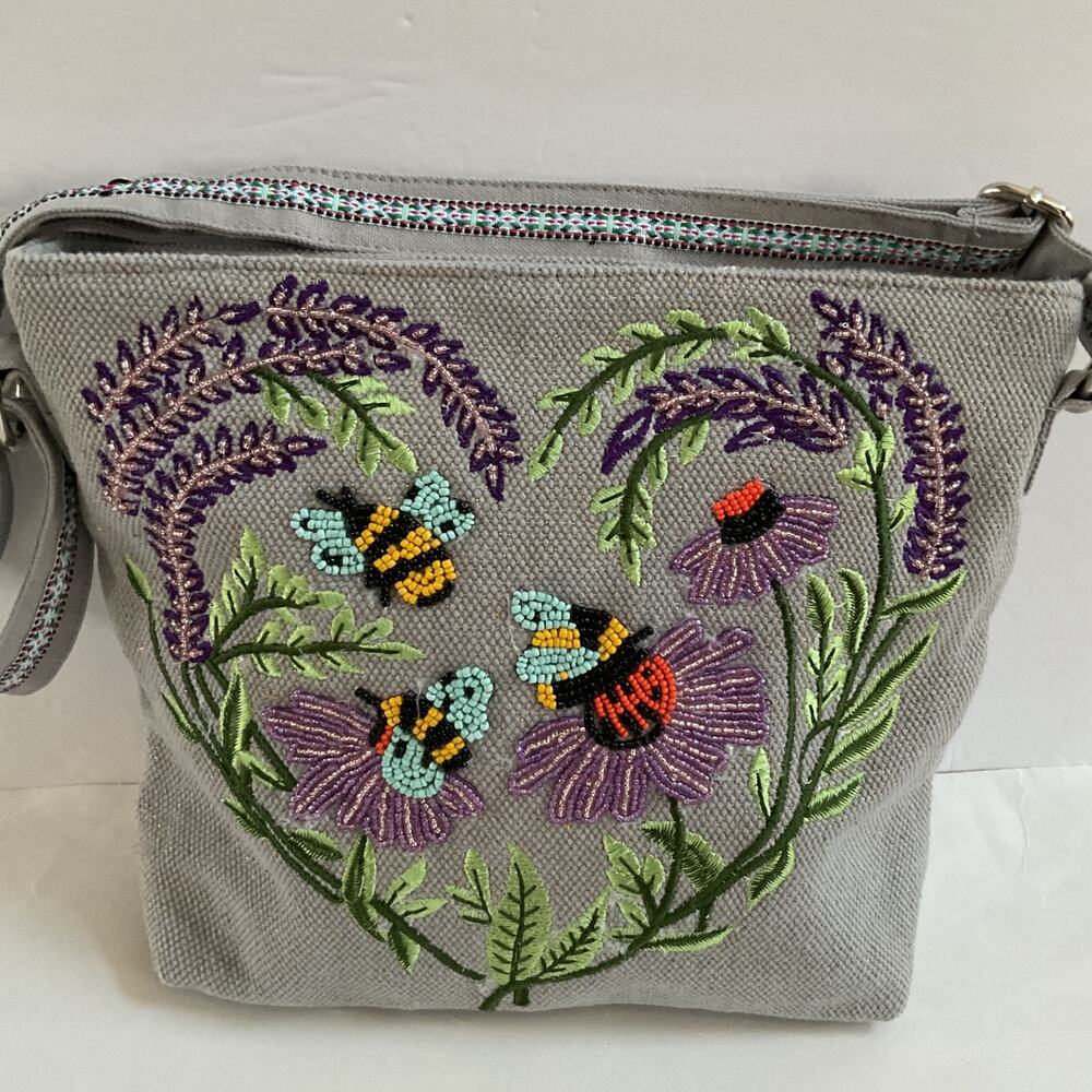 America & Beyond Jen Coffey Do Good Hand Beaded Floral Bee Message Crossbody Bag